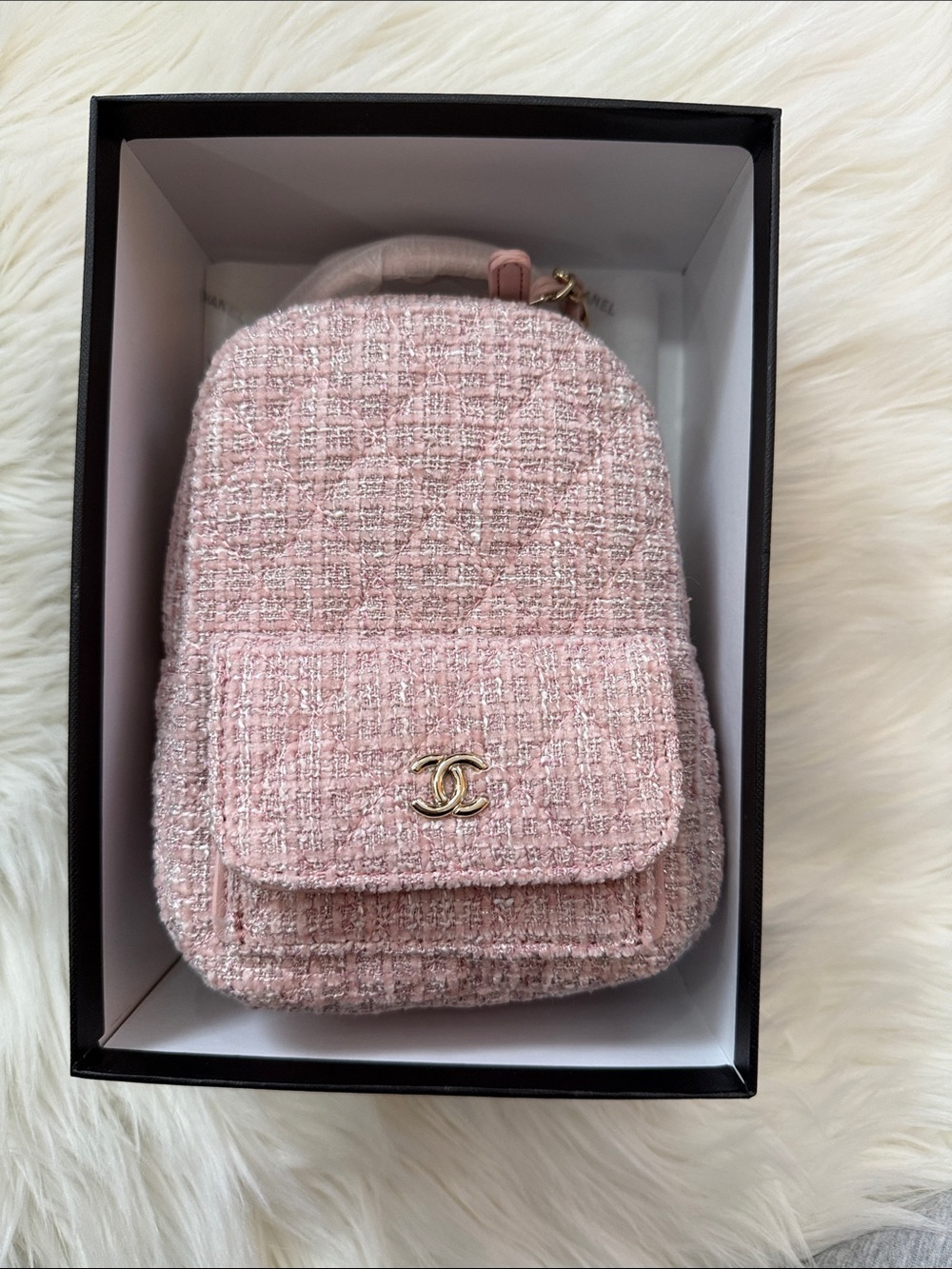 LAST ONE Pink Tweed Mini Backpack with Gold Logo Accent